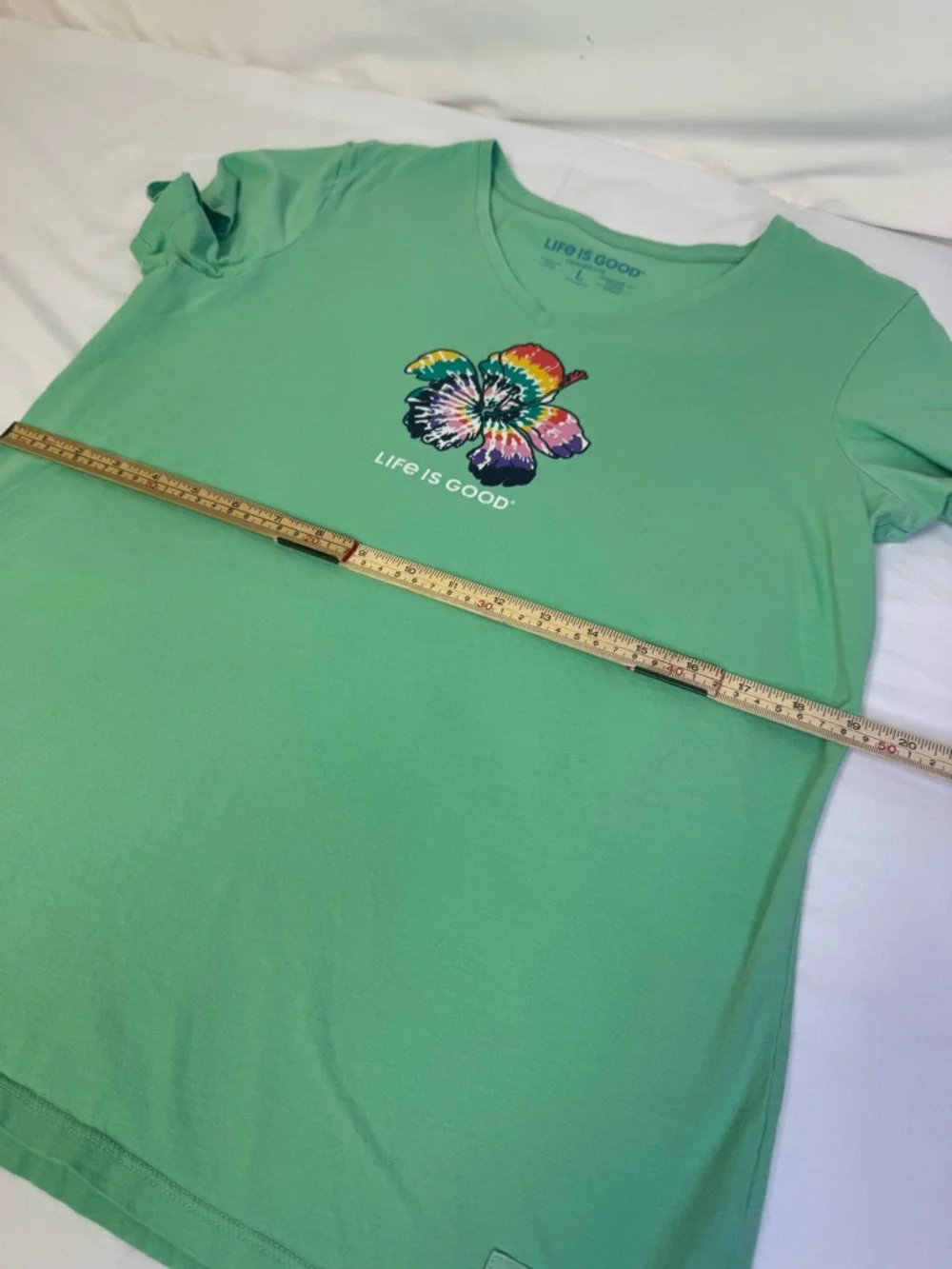 Life Is Good Mint Green V‑Neck Tee with Rainbow Tie‑Dye Hibiscus - Picture 7 of 8